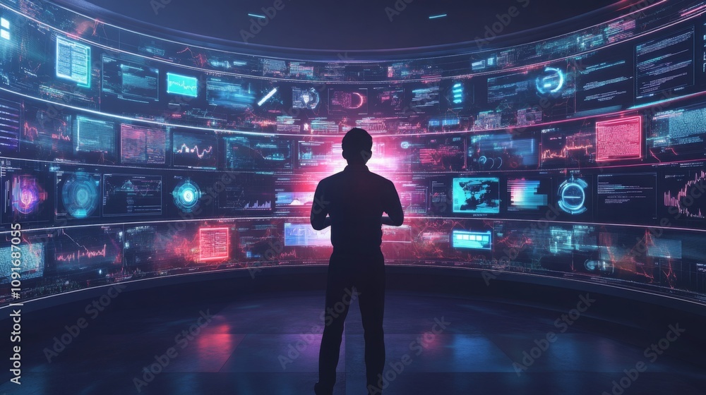 Poster Bathed in vibrant lights, an individual stands in a high-tech control room, analyzing floating data visuals and analytics.