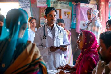 A realistic image of a doctor providing medical care to patients in a rural health center in India. Showcase the dedicated physician, diverse patients