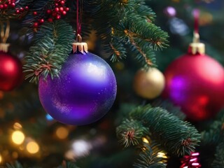 Closeup, purple glittery big balloon, red balls on Christmas tree