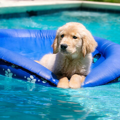 Golden Retriever puppy resting on raft in pool