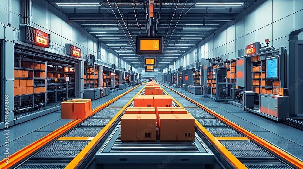 Poster a sleek, futuristic conveyor system processes packages in an automated factory environment devoid of