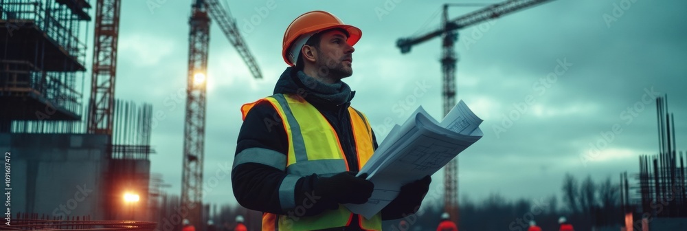 Fototapete An engineer stands on a construction site at dusk, holding blueprints while surveying the project surrounded by cranes and workers. Generative AI