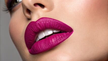 The portrait captures a bold magenta that envelops the full lips. The lower lip experiences a soft bite creating a moment of tension that is both alluring and expressive