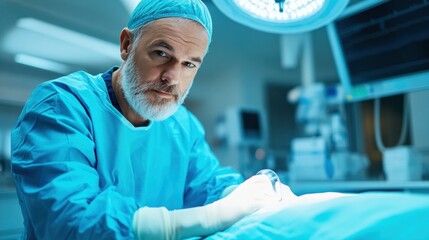 skilled surgeon in surgical scrubs and a cap carefully conducts a procedure under bright operating room lights, demonstrating focus and precision in a high-stakes medical environment