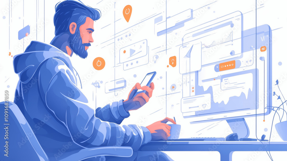 Poster a man engaged in using technology at his desk, surrounded by digital graphics and interface elements