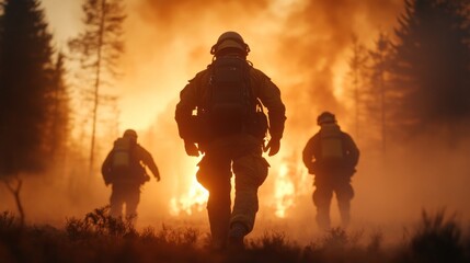 Firefighters are bravely advancing toward a large wildfire engulfing trees as smoke fills the air. The setting sun casts a dramatic glow, highlighting their heroic actions during the emergency