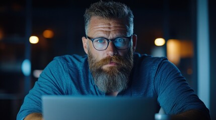 man with a thick beard and glasses focuses on his laptop screen in a softly illuminated space, surrounded by warm, ambient lighting at night. His expression conveys deep concentration