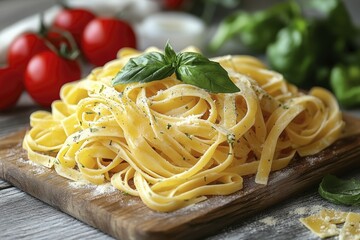 Fresh homemade fettuccine pasta with basil and cherry tomatoes on rustic wooden board