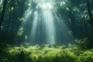 Obraz premium A tranquil forest scene enveloped in soft morning fog with sunlight filtering through trees