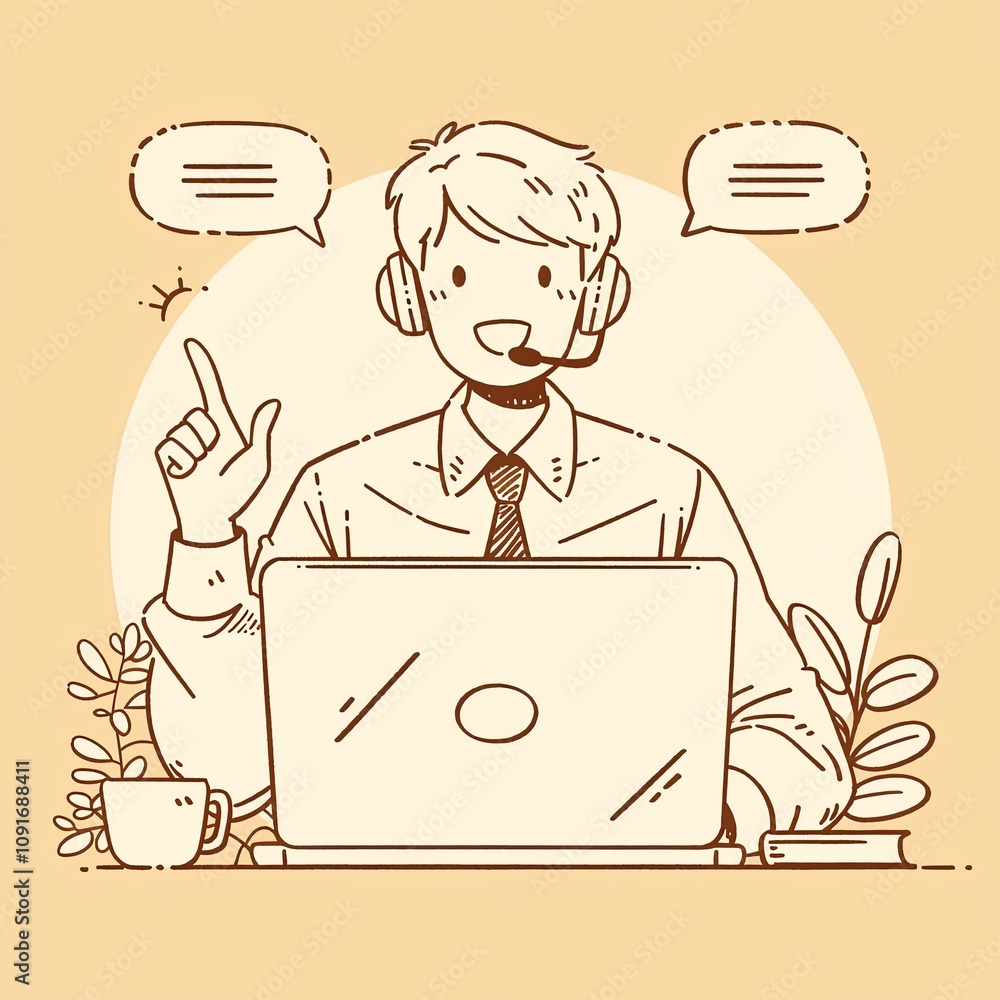 Poster a cheerful support agent with a headset, assisting clients online through a computer in an office en