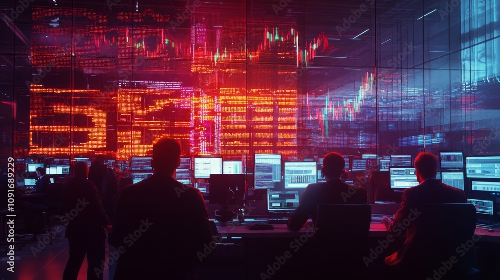 Aufkleber A group of traders is focused on multiple screens displaying stock market data and charts. The dimly lit office glows with colorful graphs and analytics, creating a dynamic and intense atmosphere.