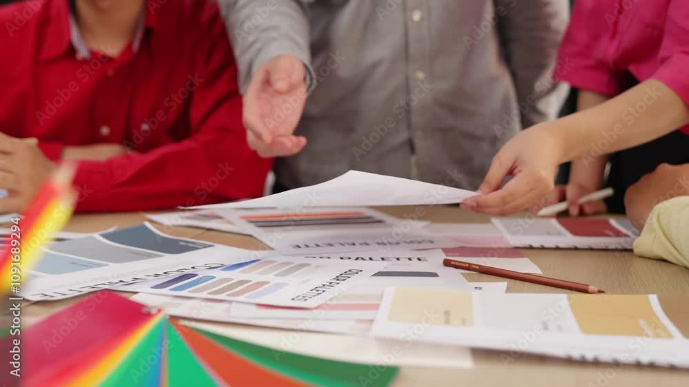 Poster slow motion hand closeup of designer team brainstorming and choosing color for graphic design workin