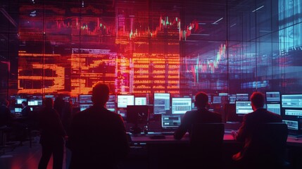 A group of traders is focused on multiple screens displaying stock market data and charts. The dimly lit office glows with colorful graphs and analytics, creating a dynamic and intense atmosphere.