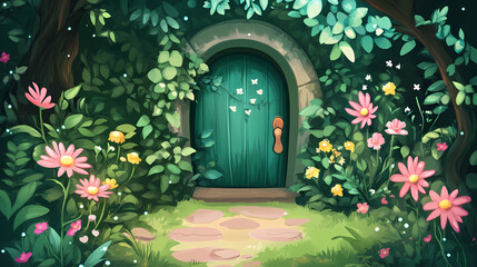 Fototapeta premium A beautiful secret fairytale garden with. Secret Garden Door. Illustration