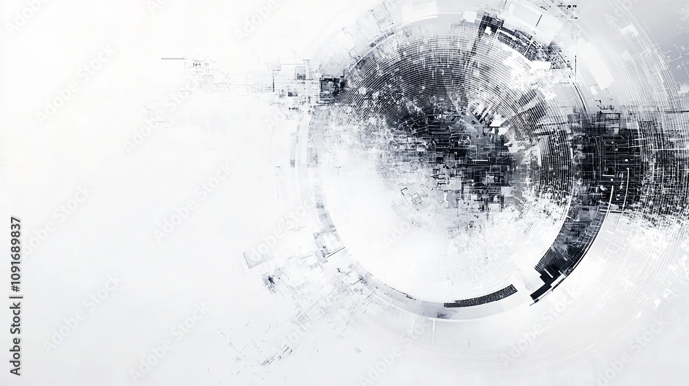 Poster abstract grey and white technology background with various tech elements, conveying a hi tech commun