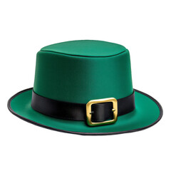 Leprechaun hat in bright green with a gold buckle and black band isolated on a transparent background 