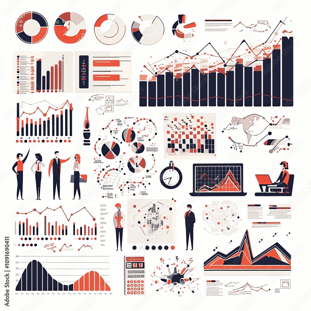 Poster multiple graphs and charts illustrating various data trends, statistics, and information analysis in