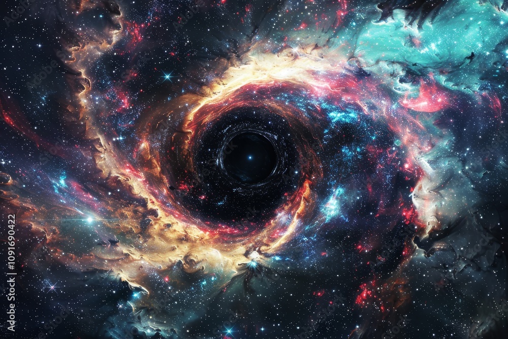 Poster vibrant colors and intricate patterns swirl around a dark void, illustrating the beauty of a cosmic 