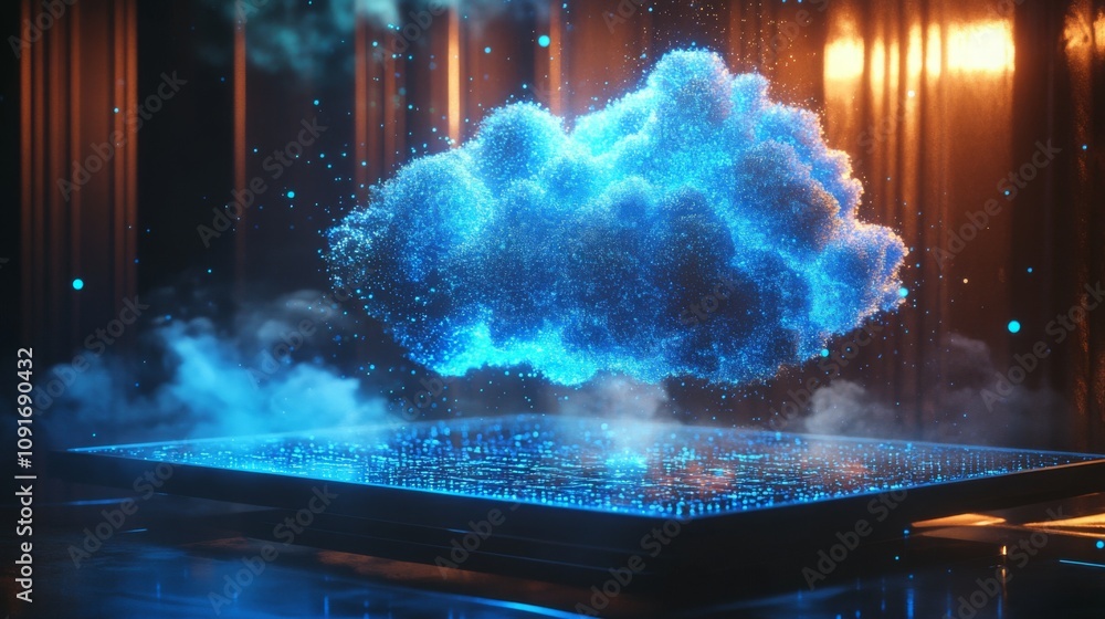 Poster A vibrant blue cloud appears to hover over a technologically advanced platform, emitting soft light and particles. The setting is dim, enhancing the ethereal quality of the glowing cloud.