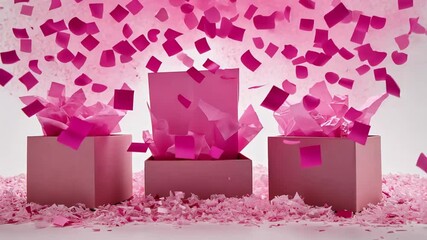 Pink confetti explosion from gift boxes with vibrant celebration in motion