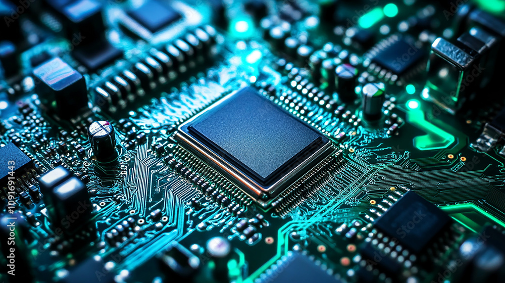 Aufkleber cpu computer central processing unit on circuit board background. us vs china chip war or tech war, 