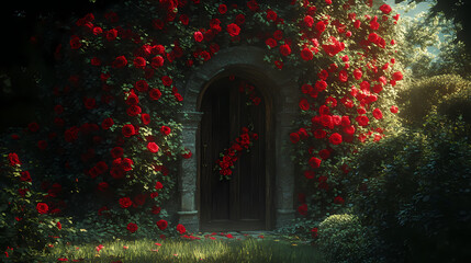 Fototapeta premium Mystical garden with a secret door overgrown with red roses. Secret Garden Door. Illustration