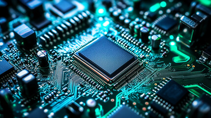Fototapeta premium CPU computer central processing unit on circuit board background. US vs China chip war or tech war, semiconductor industrial competition concept. US restrict and control chip export to China.