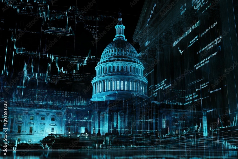 Poster futuristic digital representation of the u.s. capitol building with data visualization