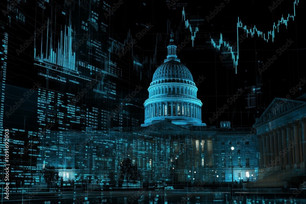 Poster digital overlay of u.s. capitol building with financial data and graphs
