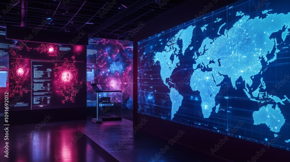 Poster a large interactive digital map is prominently featured in a contemporary technology exhibit.