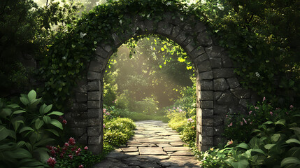 Obraz premium Stone archway leading to a lush garden. Secret Garden Door. Illustration