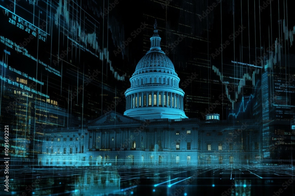Poster futuristic digital representation of u.s. capitol building with data overlay