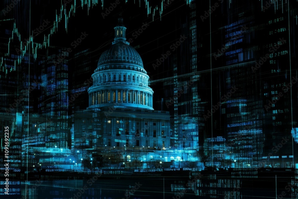 Poster digital overlay of u.s. capitol building with data and financial graphs at night