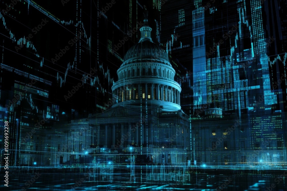 Poster futuristic digital overlay of u.s. capitol building with financial data visualization
