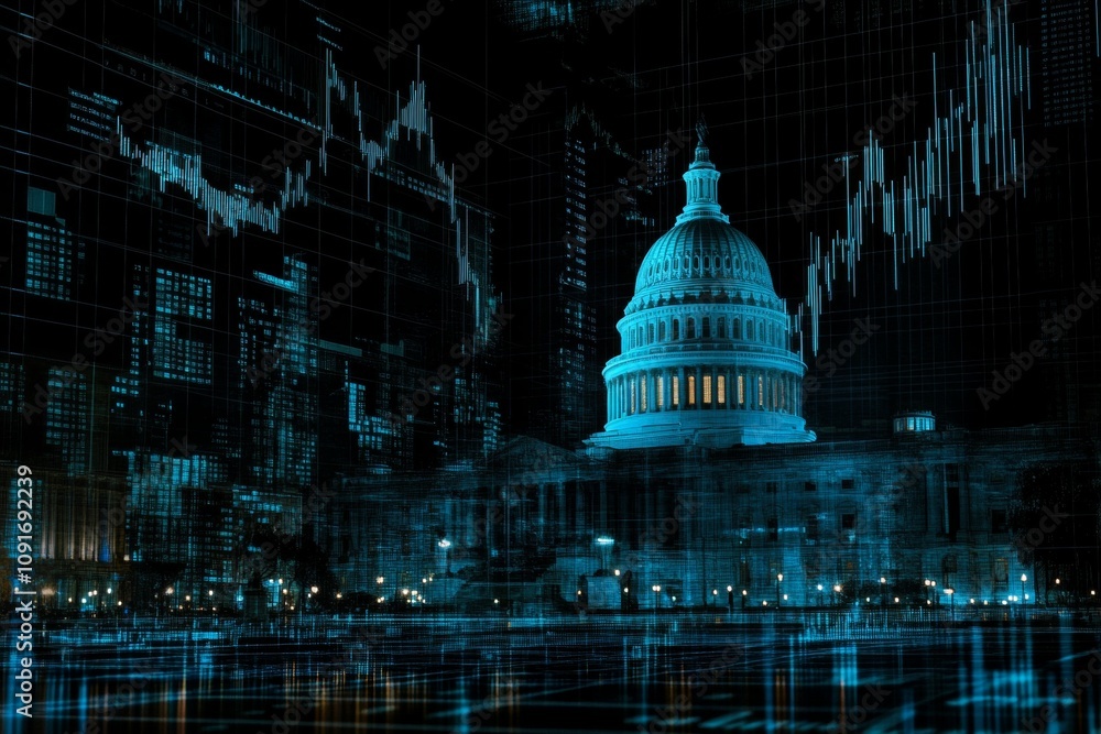 Aufkleber futuristic overlay of u.s. capitol building with financial graphs and digital data