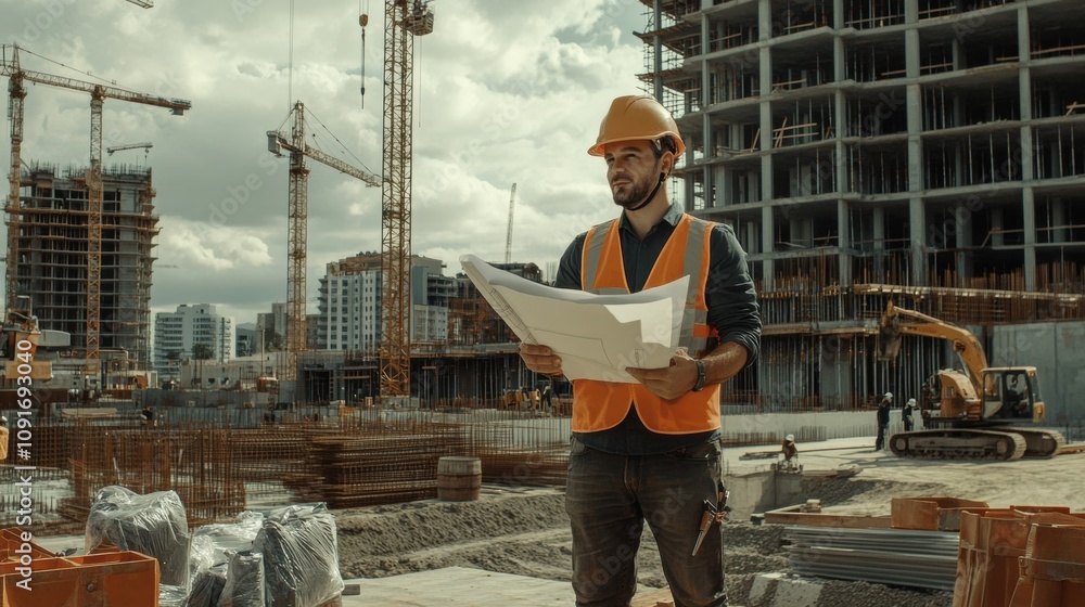 Poster Engineer stands confidently on the construction site reviewing blueprints, surrounded by cranes and building structures on a cloudy day. Generative AI