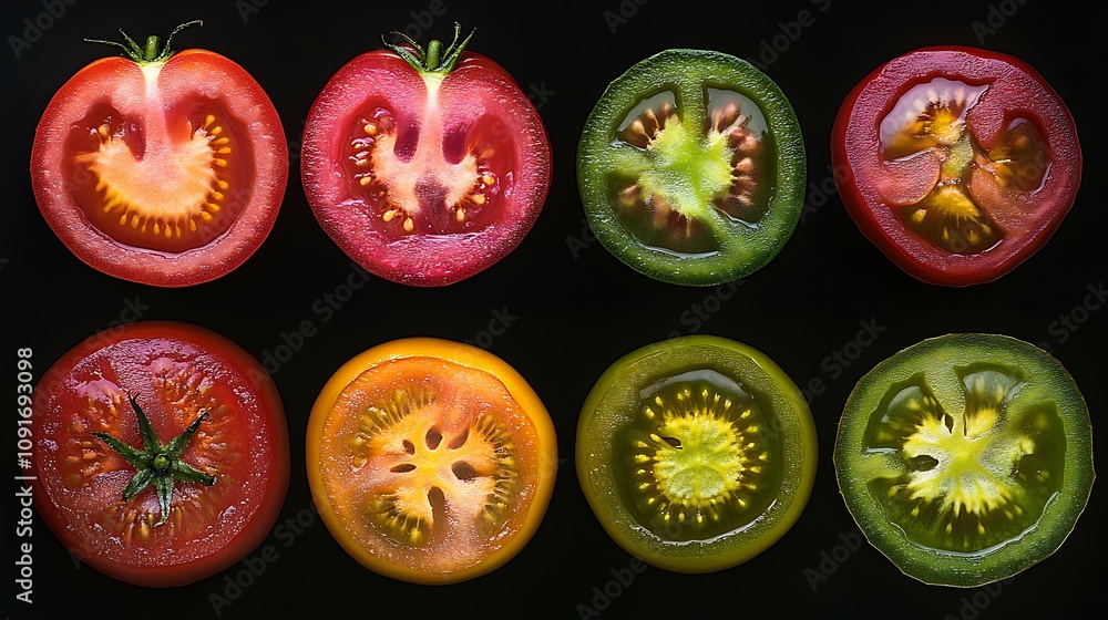 Poster A Colorful Collection Of Halved Tomatoes Arranged In Rows