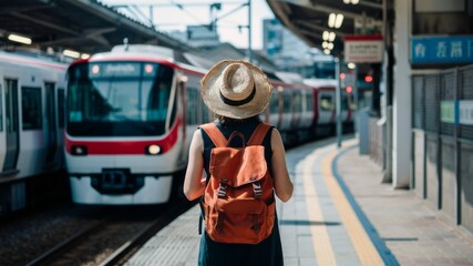 Obraz premium The Journey Begins: A young woman in a sun hat, with a backpack, awaits a train at a station, ready for adventure and travel