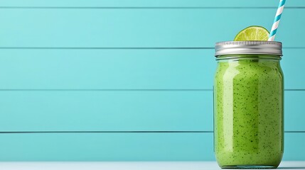 A vibrant green smoothie in a mason jar with a lime slice and a striped straw, set against a bright turquoise background.