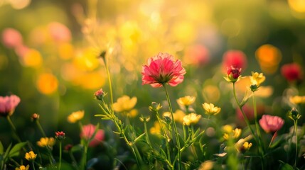 Fototapeta premium Sunlit Wildflowers in Bloom with Soft Bokeh Background