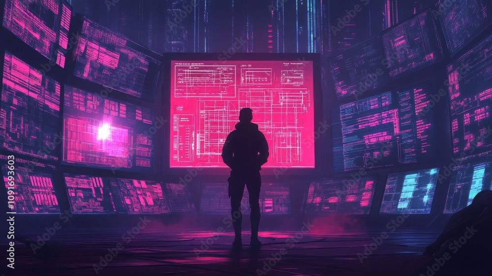 Poster a lone figure stands in a dark control room surrounded by glowing screens filled with vibrant data a