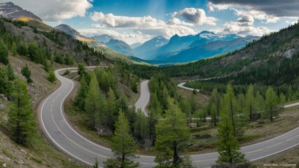 Winding Road to the Horizon: A captivating landscape unfolds, with a serpentine road carving through a valley, leading the eye toward majestic mountains under a sky dotted with clouds.