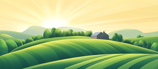 Obraz premium Serene Landscape of Rolling Green Hill and Farm with Sun Rays Generative AI