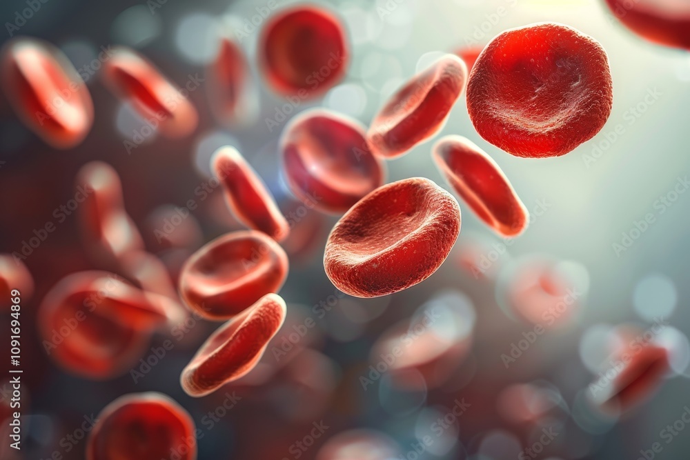 Poster a dynamic view of red blood cells circulating through a fluid medium, highlighting their distinctive