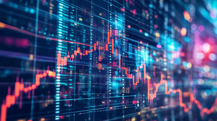 Obraz premium A chart of stock market crypto candlesticks on a dark blue background. A chart with purple blue neon candlesticks. Analysis of investment trading in the field of cryptocurrencies