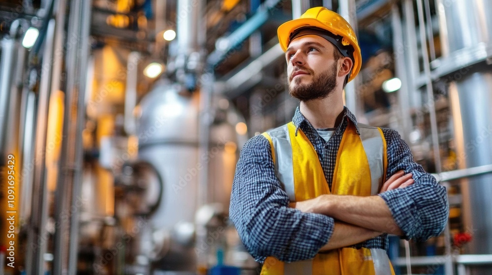 Aufkleber A confident engineer stands with crossed arms in a bustling industrial factory, observing machinery and processes around him during daytime. Generative AI