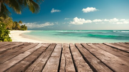 Fototapeta premium Serene Beachfront Vista: Capturing the essence of paradise, this photo showcases a wooden deck leading to a stunning seascape with turquoise waters, a sandy beach, and a clear blue sky.
