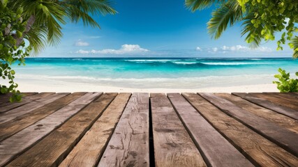 Fototapeta premium Seaside Serenity: An inviting wooden deck, framed by lush tropical foliage, leads the eye to a mesmerizing turquoise sea beneath a vibrant blue sky.