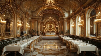 Fototapeta premium Elegant dining room with ornate decor, mirrors, and chandeliers for fine dining experiences.
