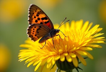 Fototapeta premium Monarch Butterfly in Yellow Orange and Black Perched on a Dandelion Flower Macro Nature